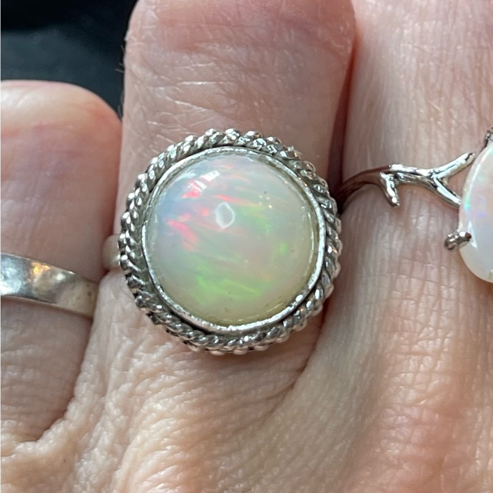 Genuine 5 carat Ethiopian White Opal ring in 925 Sterling silver. Size 5.5